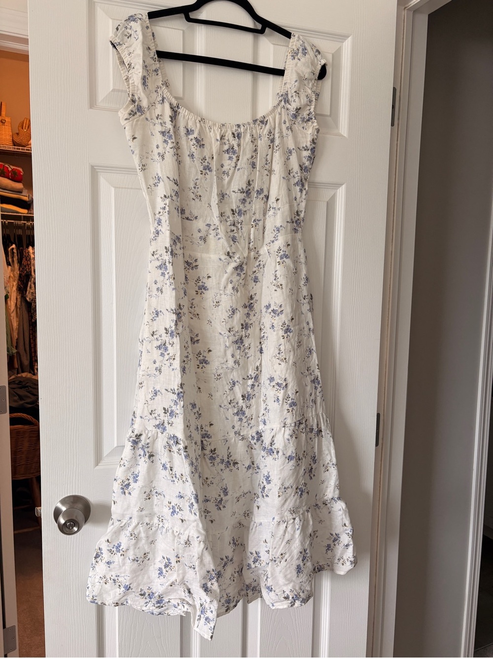Reformation White Dress with Soft Blue Floral Print
